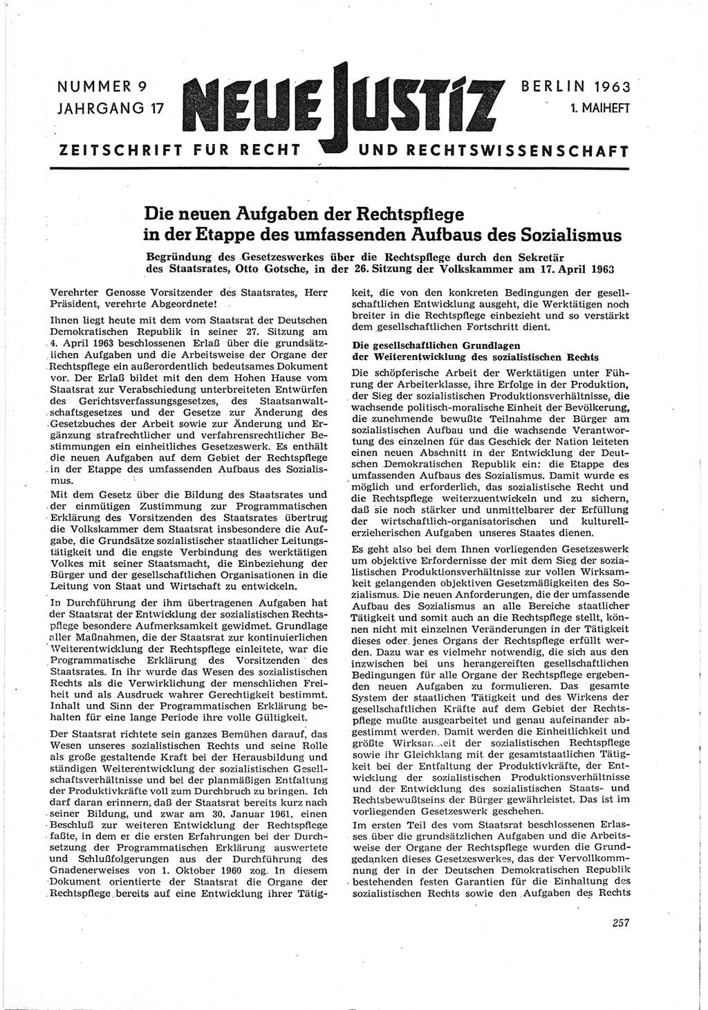 Neue Justiz (NJ), Zeitschrift für Recht und Rechtswissenschaft [Deutsche Demokratische Republik (DDR)], 17. Jahrgang 1963, Seite 257 (NJ DDR 1963, S. 257)