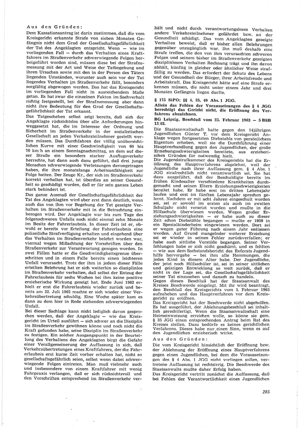 Neue Justiz (NJ), Zeitschrift für Recht und Rechtswissenschaft [Deutsche Demokratische Republik (DDR)], 17. Jahrgang 1963, Seite 285 (NJ DDR 1963, S. 285)