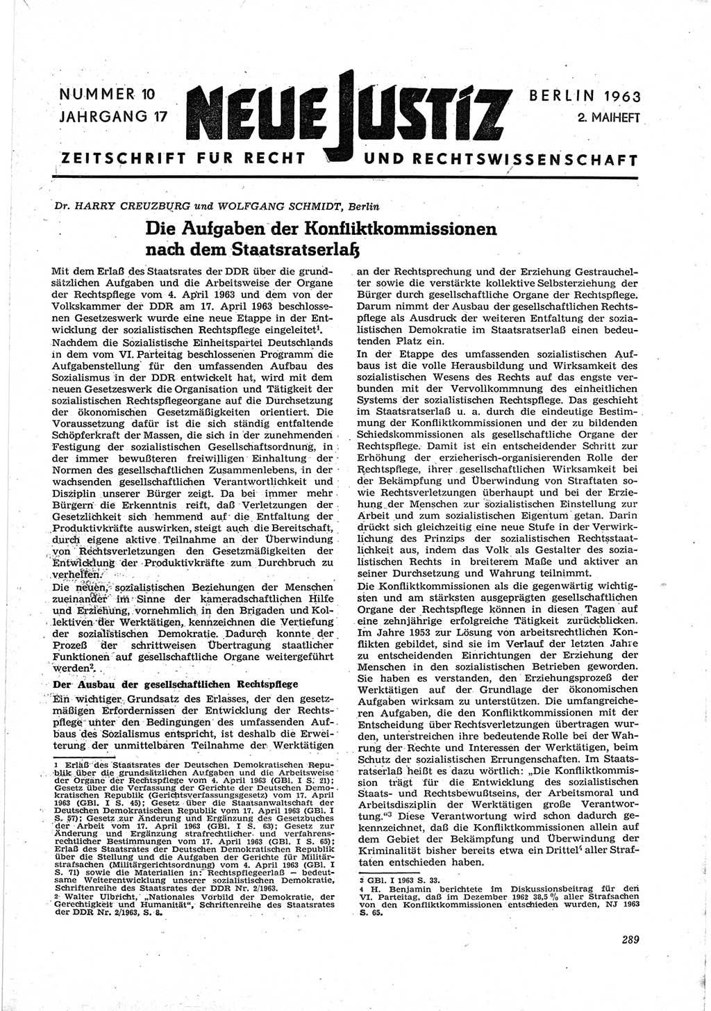 Neue Justiz (NJ), Zeitschrift für Recht und Rechtswissenschaft [Deutsche Demokratische Republik (DDR)], 17. Jahrgang 1963, Seite 289 (NJ DDR 1963, S. 289)