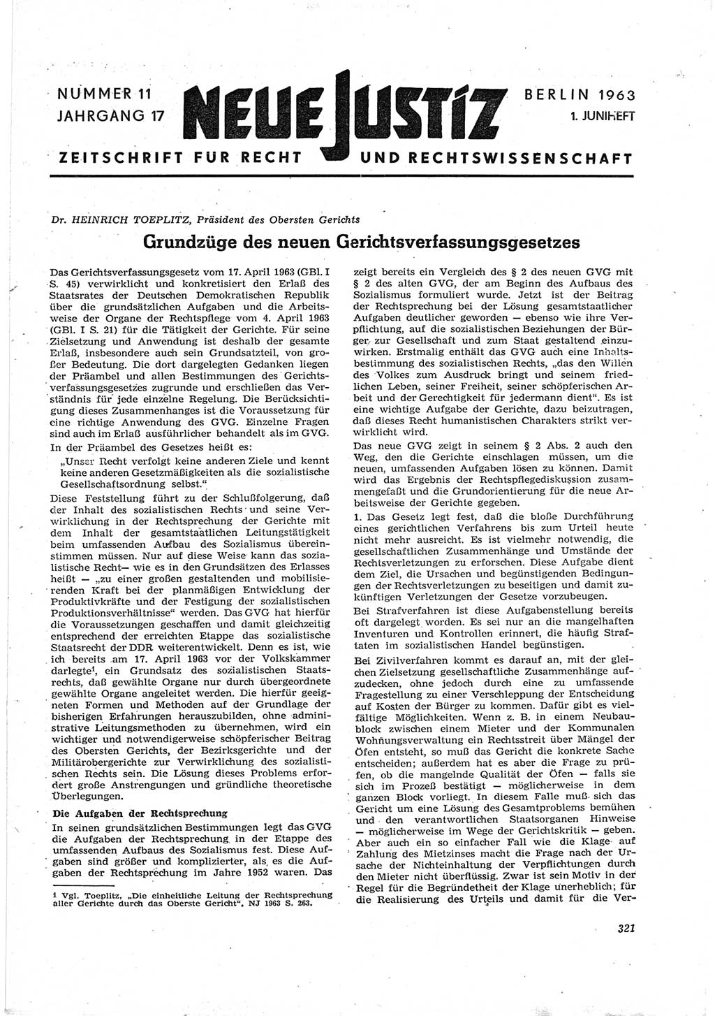 Neue Justiz (NJ), Zeitschrift für Recht und Rechtswissenschaft [Deutsche Demokratische Republik (DDR)], 17. Jahrgang 1963, Seite 321 (NJ DDR 1963, S. 321)