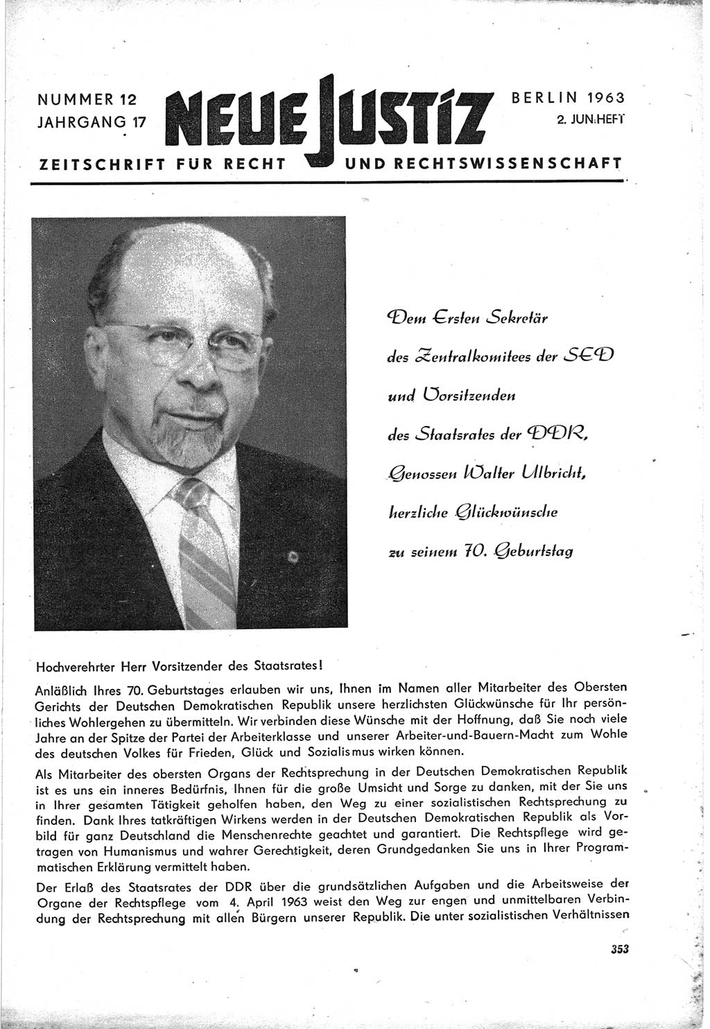 Neue Justiz (NJ), Zeitschrift für Recht und Rechtswissenschaft [Deutsche Demokratische Republik (DDR)], 17. Jahrgang 1963, Seite 353 (NJ DDR 1963, S. 353)