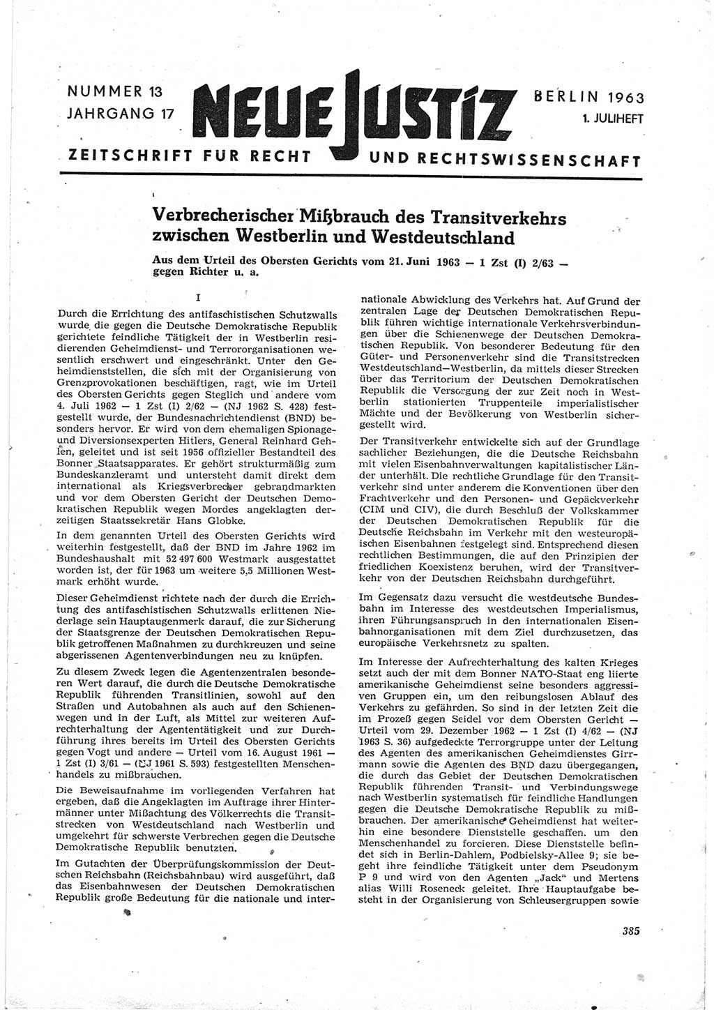 Neue Justiz (NJ), Zeitschrift für Recht und Rechtswissenschaft [Deutsche Demokratische Republik (DDR)], 17. Jahrgang 1963, Seite 385 (NJ DDR 1963, S. 385)