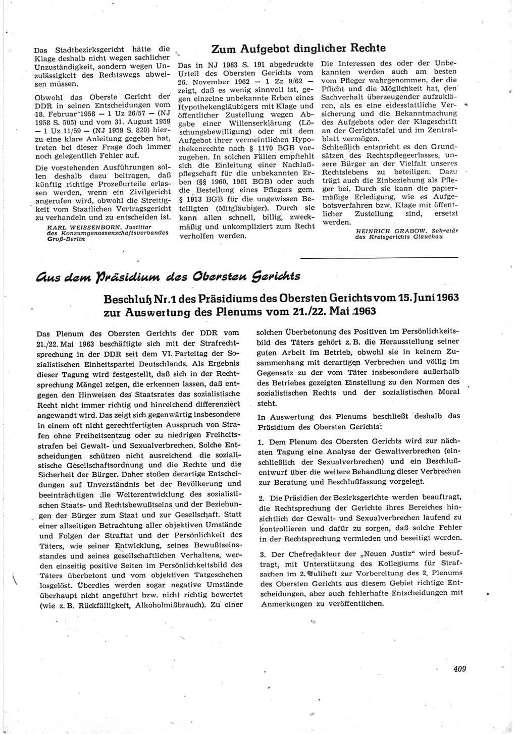 Neue Justiz (NJ), Zeitschrift für Recht und Rechtswissenschaft [Deutsche Demokratische Republik (DDR)], 17. Jahrgang 1963, Seite 409 (NJ DDR 1963, S. 409)