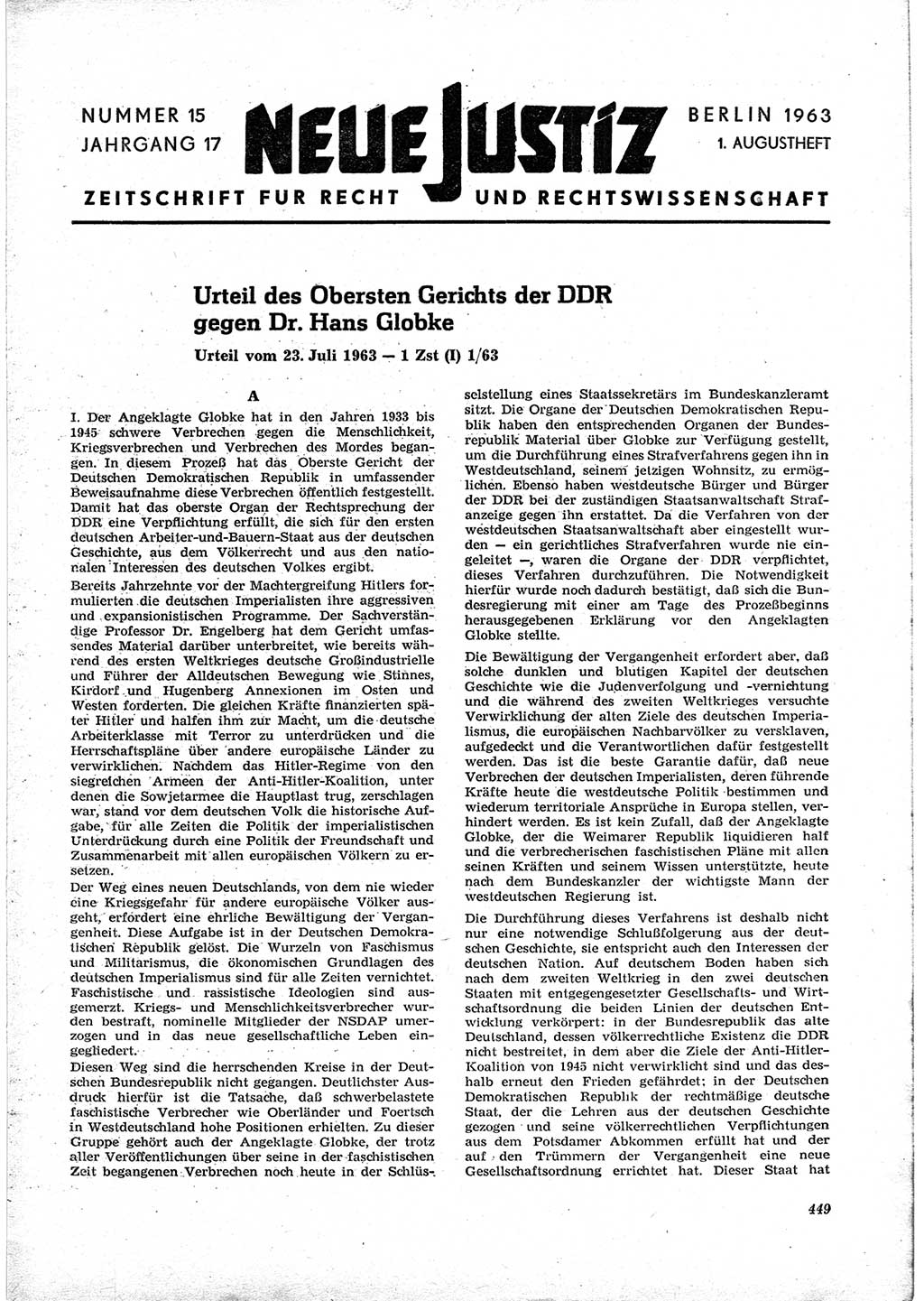 Neue Justiz (NJ), Zeitschrift für Recht und Rechtswissenschaft [Deutsche Demokratische Republik (DDR)], 17. Jahrgang 1963, Seite 449 (NJ DDR 1963, S. 449)