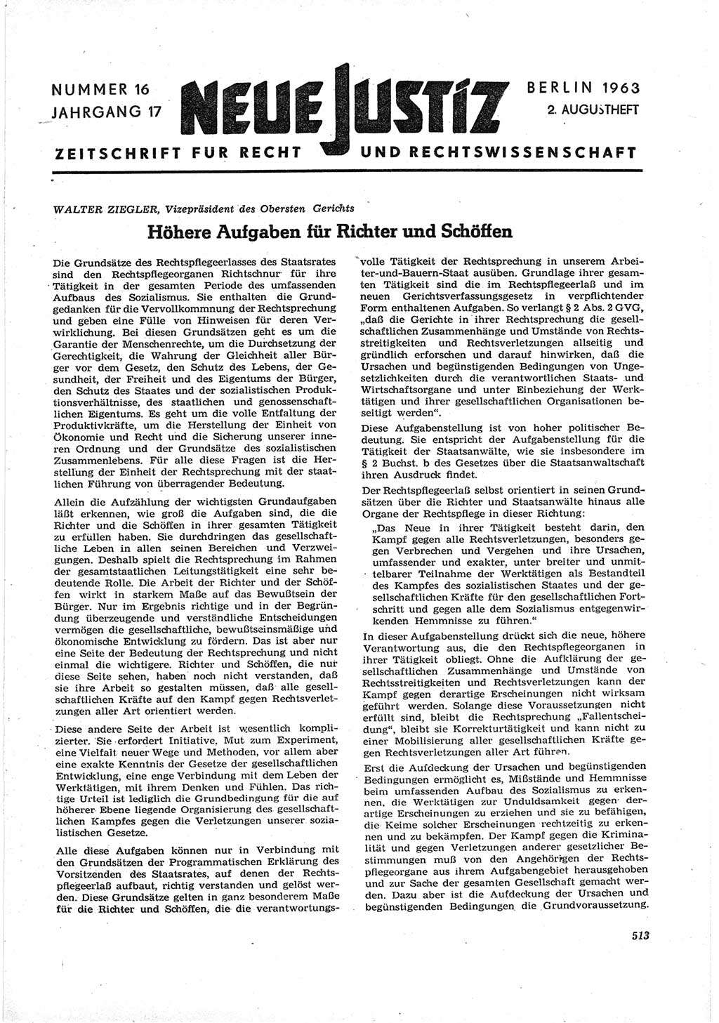 Neue Justiz (NJ), Zeitschrift für Recht und Rechtswissenschaft [Deutsche Demokratische Republik (DDR)], 17. Jahrgang 1963, Seite 513 (NJ DDR 1963, S. 513)