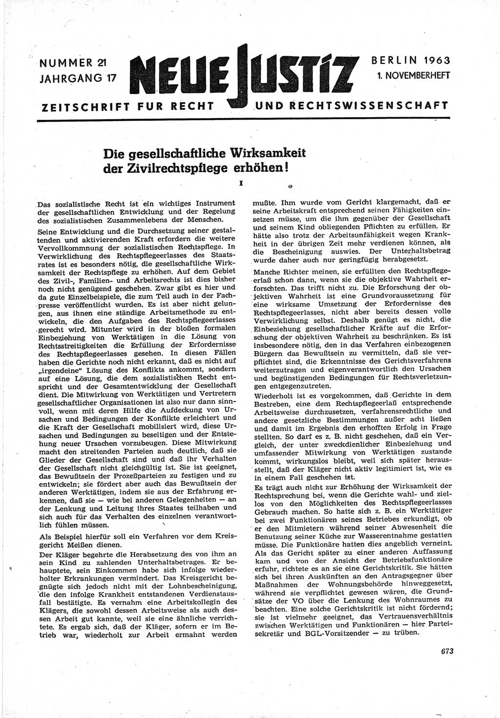 Neue Justiz (NJ), Zeitschrift für Recht und Rechtswissenschaft [Deutsche Demokratische Republik (DDR)], 17. Jahrgang 1963, Seite 673 (NJ DDR 1963, S. 673)