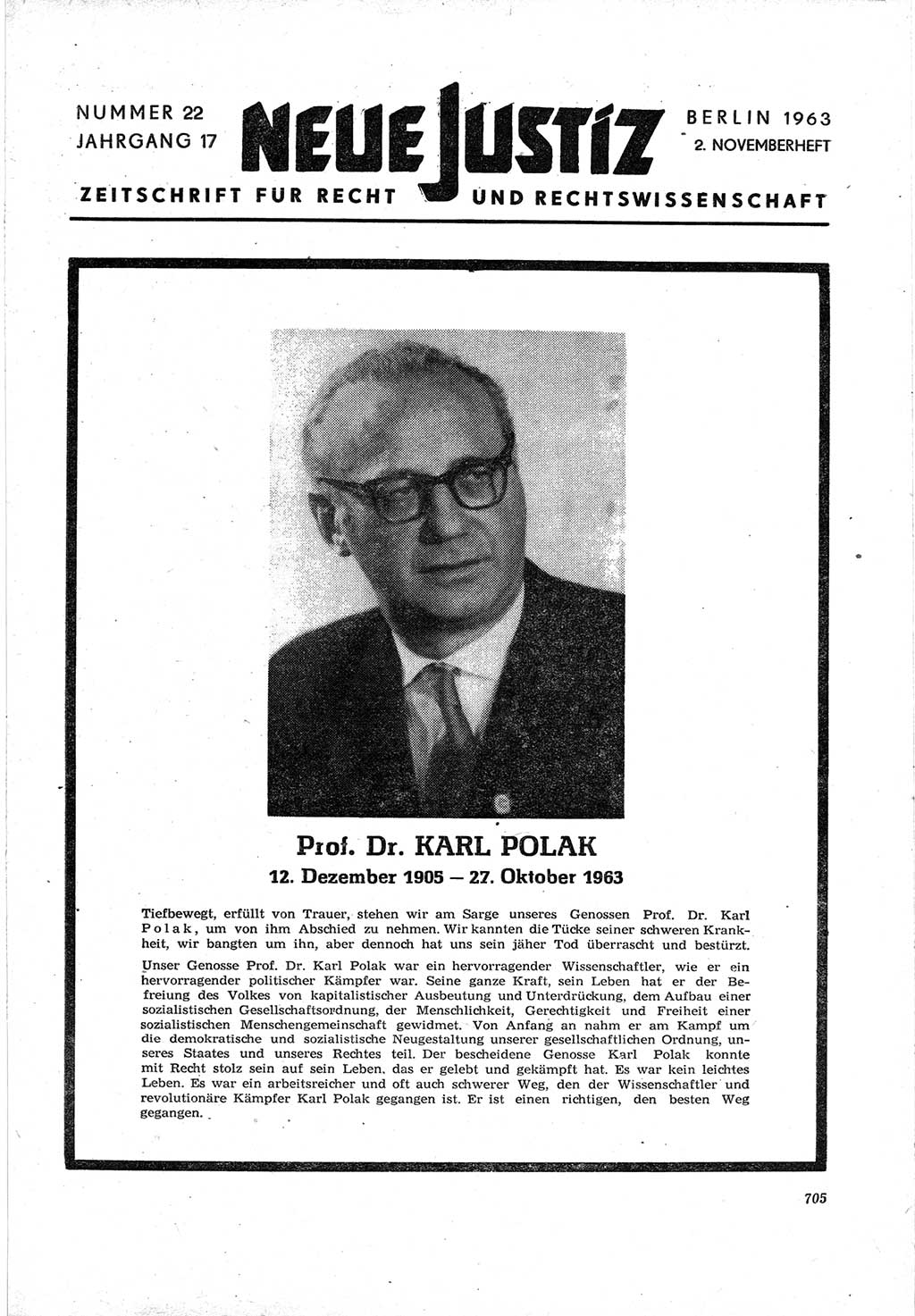 Neue Justiz (NJ), Zeitschrift für Recht und Rechtswissenschaft [Deutsche Demokratische Republik (DDR)], 17. Jahrgang 1963, Seite 705 (NJ DDR 1963, S. 705)