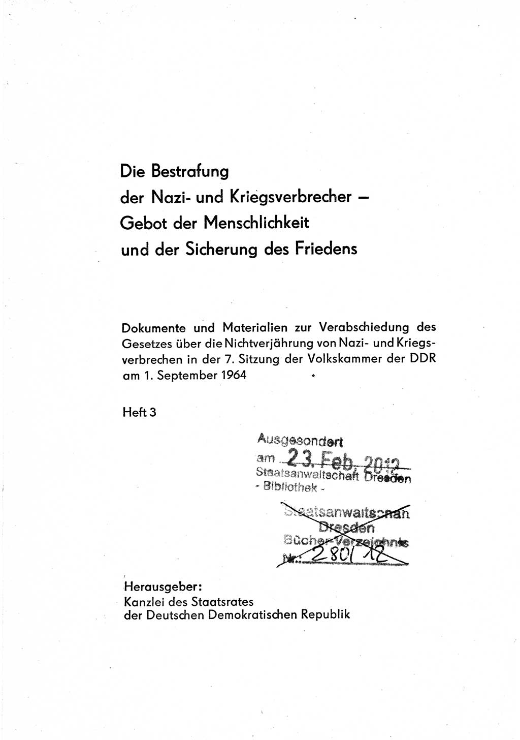 Bestrafung der Nazi- und Kriegsverbrecher [Deutsche Demokratische Republik (DDR)] 1964, Seite 1 (Bestr. Nazi-Kr.-Verbr. DDR 1964, S. 1)