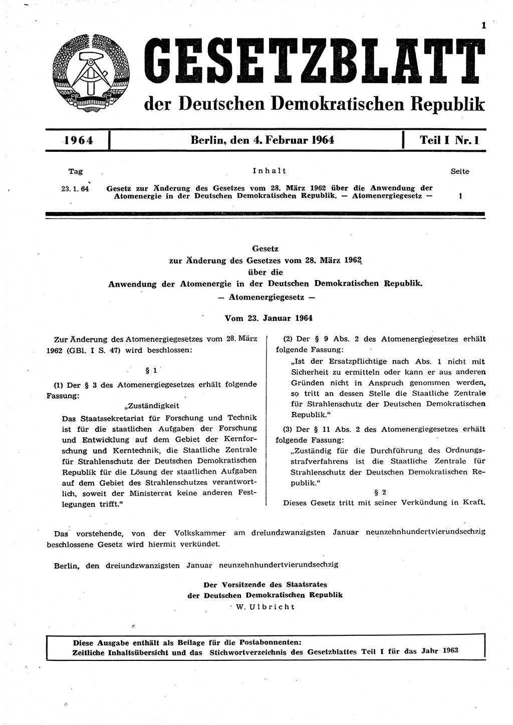 Gesetzblatt (GBl.) der Deutschen Demokratischen Republik (DDR) Teil Ⅰ 1964, Seite 1 (GBl. DDR Ⅰ 1964, S. 1)