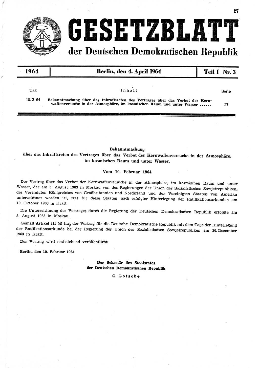 Gesetzblatt (GBl.) der Deutschen Demokratischen Republik (DDR) Teil Ⅰ 1964, Seite 27 (GBl. DDR Ⅰ 1964, S. 27)