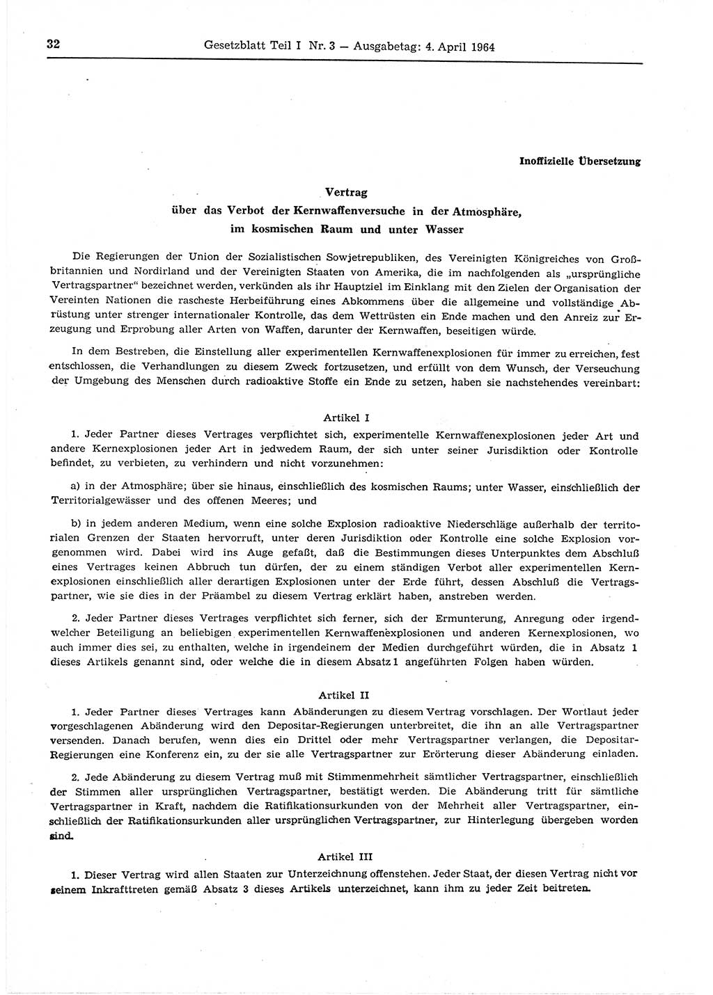 Gesetzblatt (GBl.) der Deutschen Demokratischen Republik (DDR) Teil Ⅰ 1964, Seite 32 (GBl. DDR Ⅰ 1964, S. 32)