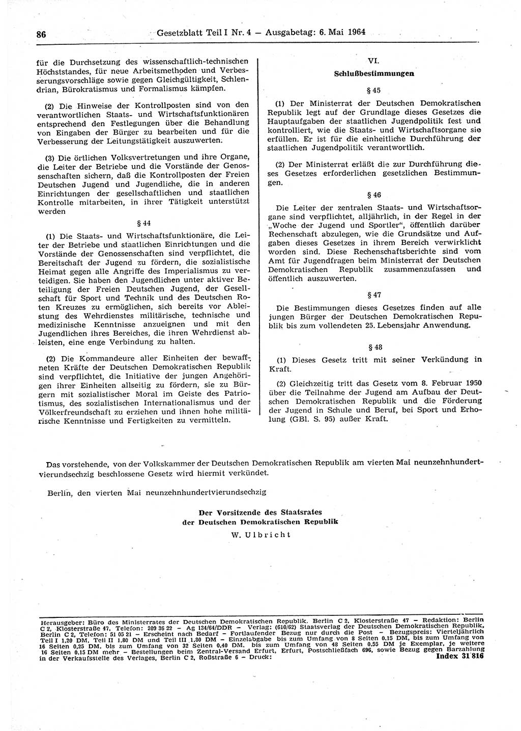 Gesetzblatt (GBl.) der Deutschen Demokratischen Republik (DDR) Teil Ⅰ 1964, Seite 86 (GBl. DDR Ⅰ 1964, S. 86)