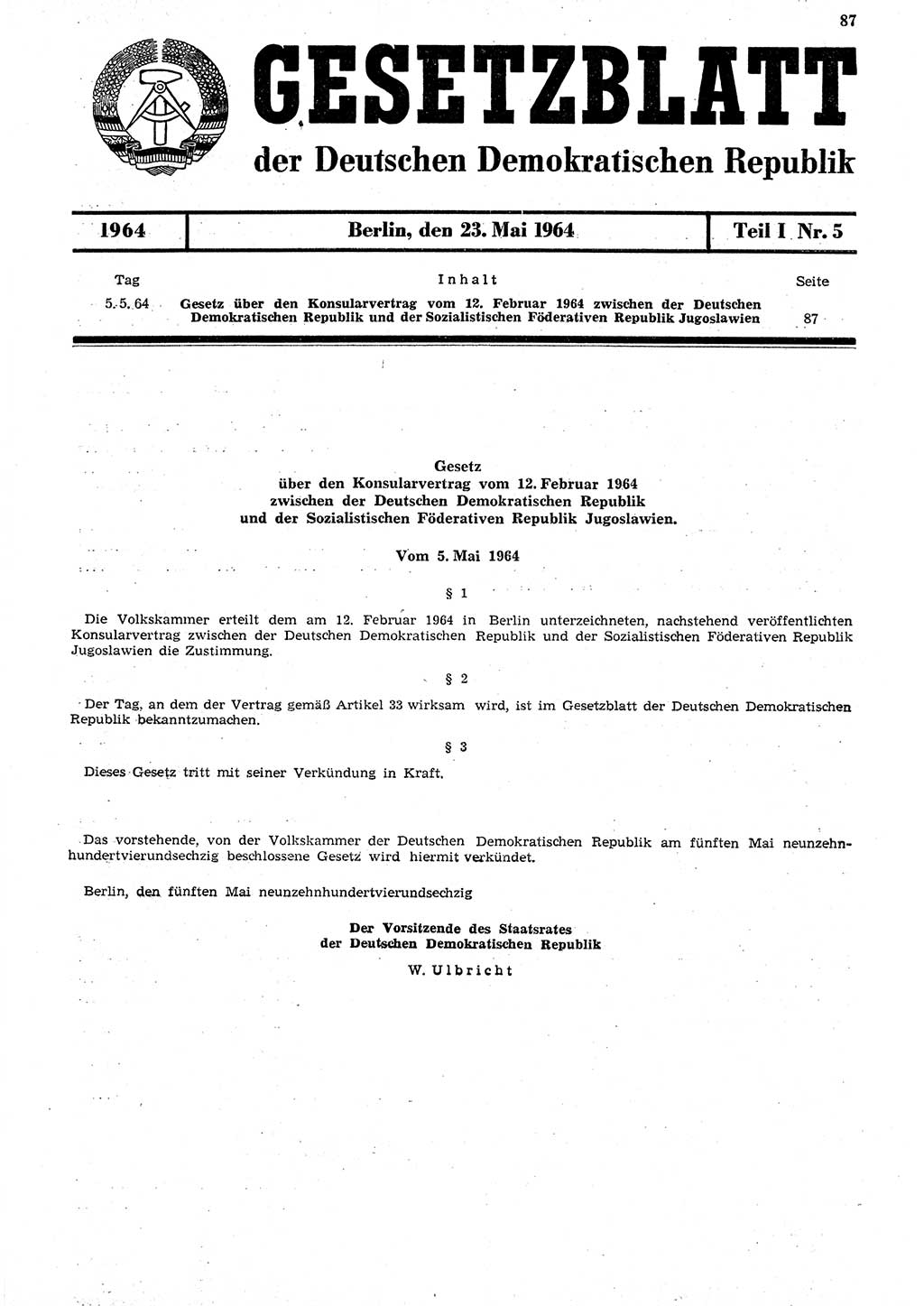 Gesetzblatt (GBl.) der Deutschen Demokratischen Republik (DDR) Teil Ⅰ 1964, Seite 87 (GBl. DDR Ⅰ 1964, S. 87)