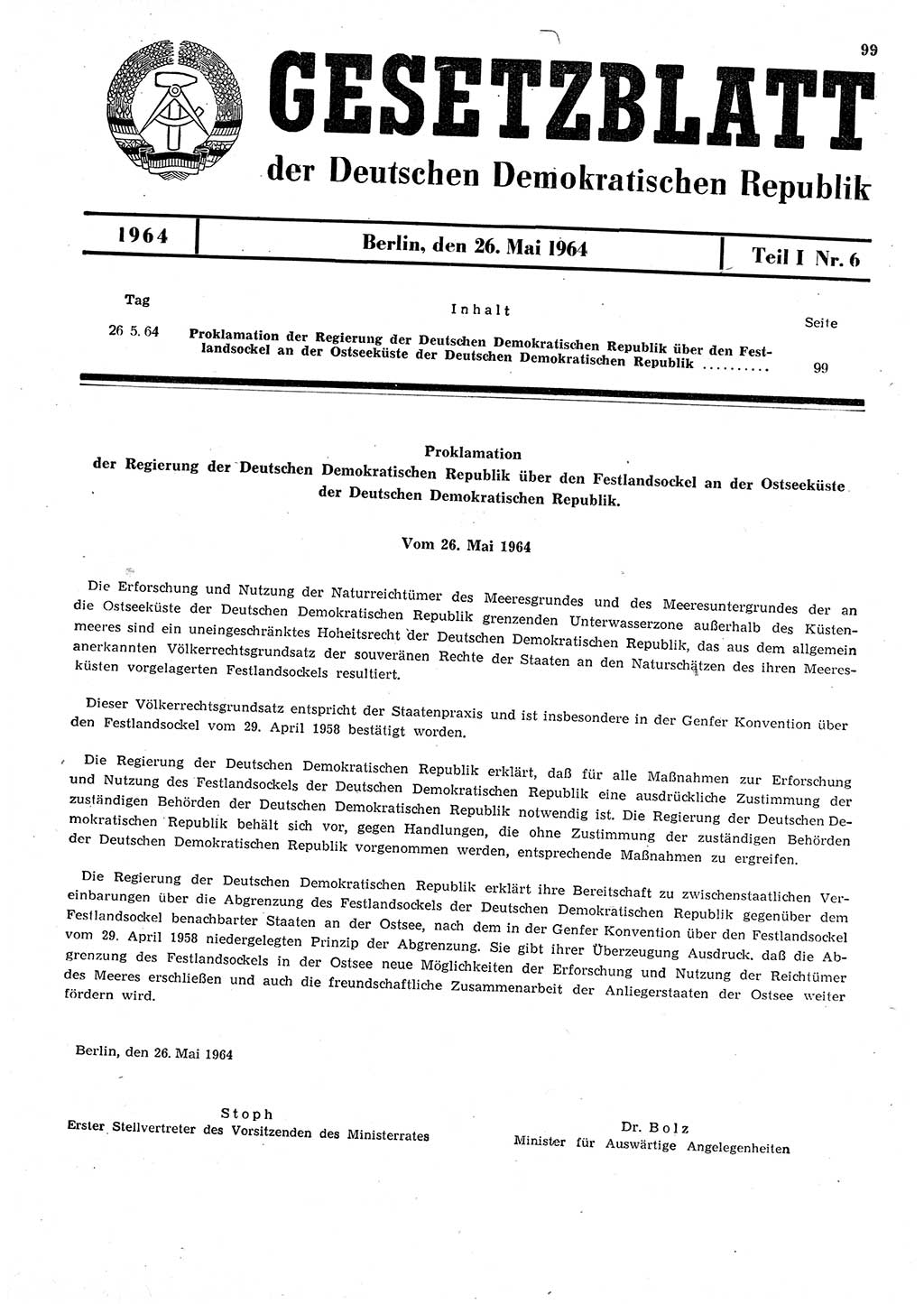 Gesetzblatt (GBl.) der Deutschen Demokratischen Republik (DDR) Teil Ⅰ 1964, Seite 99 (GBl. DDR Ⅰ 1964, S. 99)