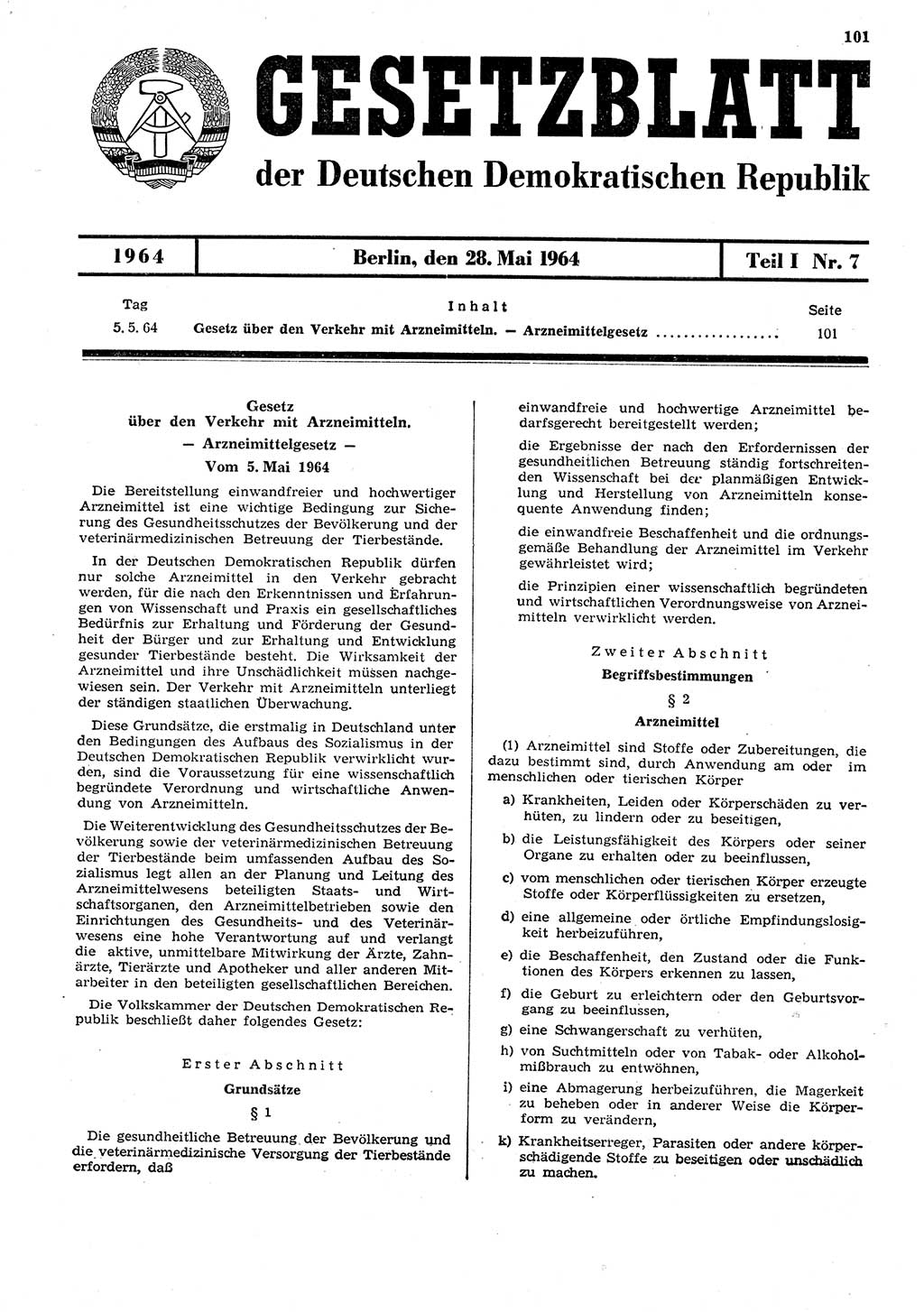Gesetzblatt (GBl.) der Deutschen Demokratischen Republik (DDR) Teil Ⅰ 1964, Seite 101 (GBl. DDR Ⅰ 1964, S. 101)