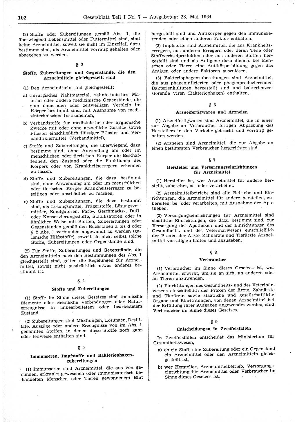 Gesetzblatt (GBl.) der Deutschen Demokratischen Republik (DDR) Teil Ⅰ 1964, Seite 102 (GBl. DDR Ⅰ 1964, S. 102)