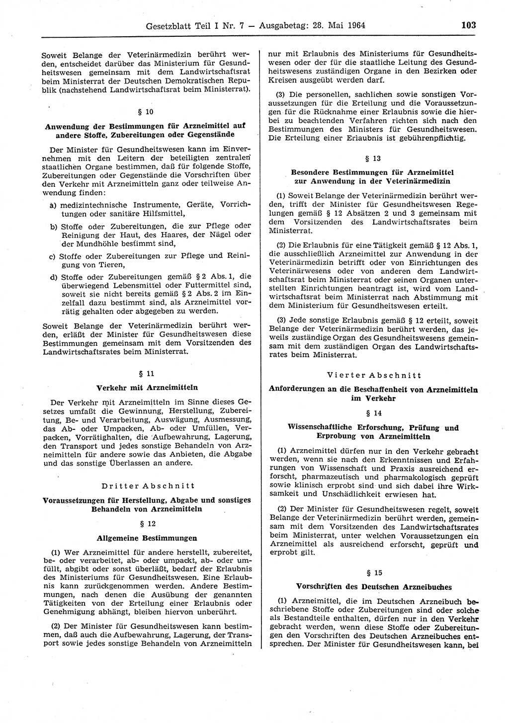Gesetzblatt (GBl.) der Deutschen Demokratischen Republik (DDR) Teil Ⅰ 1964, Seite 103 (GBl. DDR Ⅰ 1964, S. 103)
