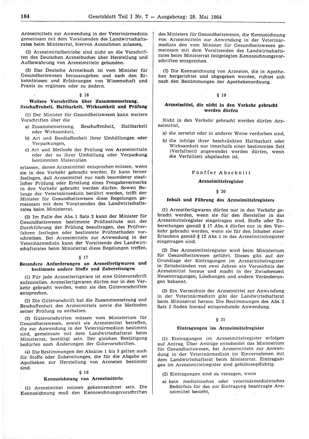 Gesetzblatt (GBl.) der Deutschen Demokratischen Republik (DDR) Teil Ⅰ 1964, Seite 104 (GBl. DDR Ⅰ 1964, S. 104)
