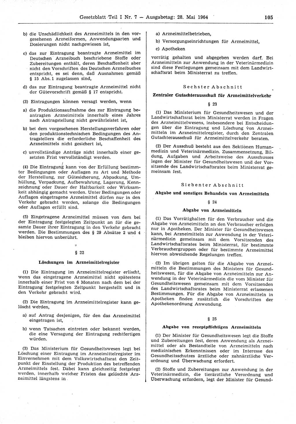 Gesetzblatt (GBl.) der Deutschen Demokratischen Republik (DDR) Teil Ⅰ 1964, Seite 105 (GBl. DDR Ⅰ 1964, S. 105)