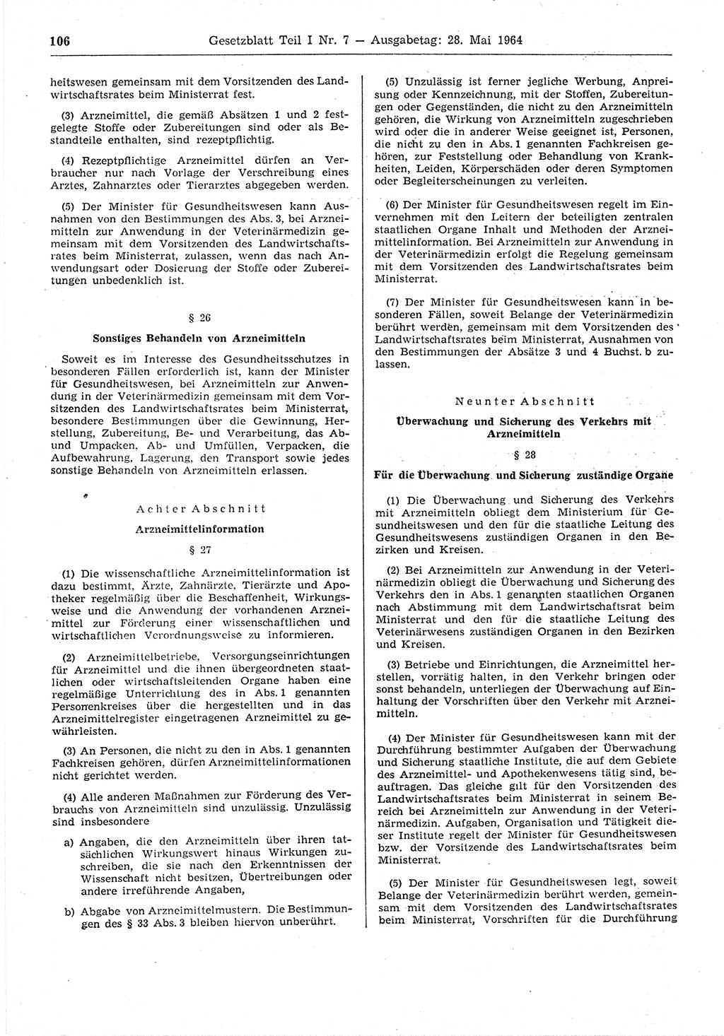 Gesetzblatt (GBl.) der Deutschen Demokratischen Republik (DDR) Teil Ⅰ 1964, Seite 106 (GBl. DDR Ⅰ 1964, S. 106)