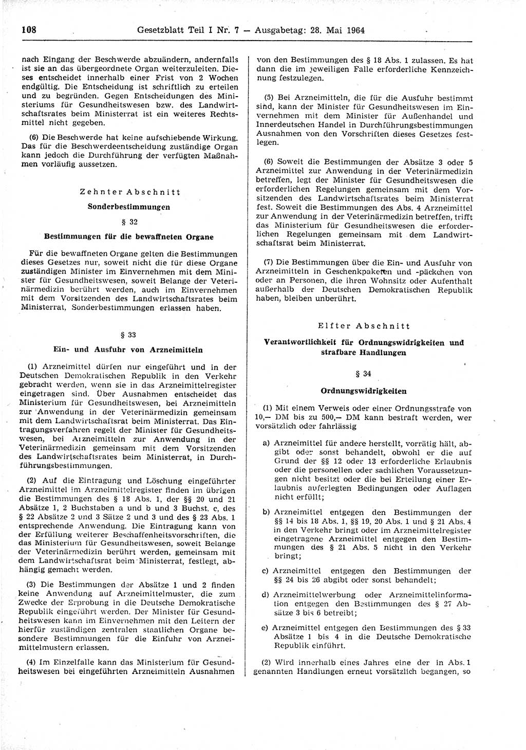 Gesetzblatt (GBl.) der Deutschen Demokratischen Republik (DDR) Teil Ⅰ 1964, Seite 108 (GBl. DDR Ⅰ 1964, S. 108)