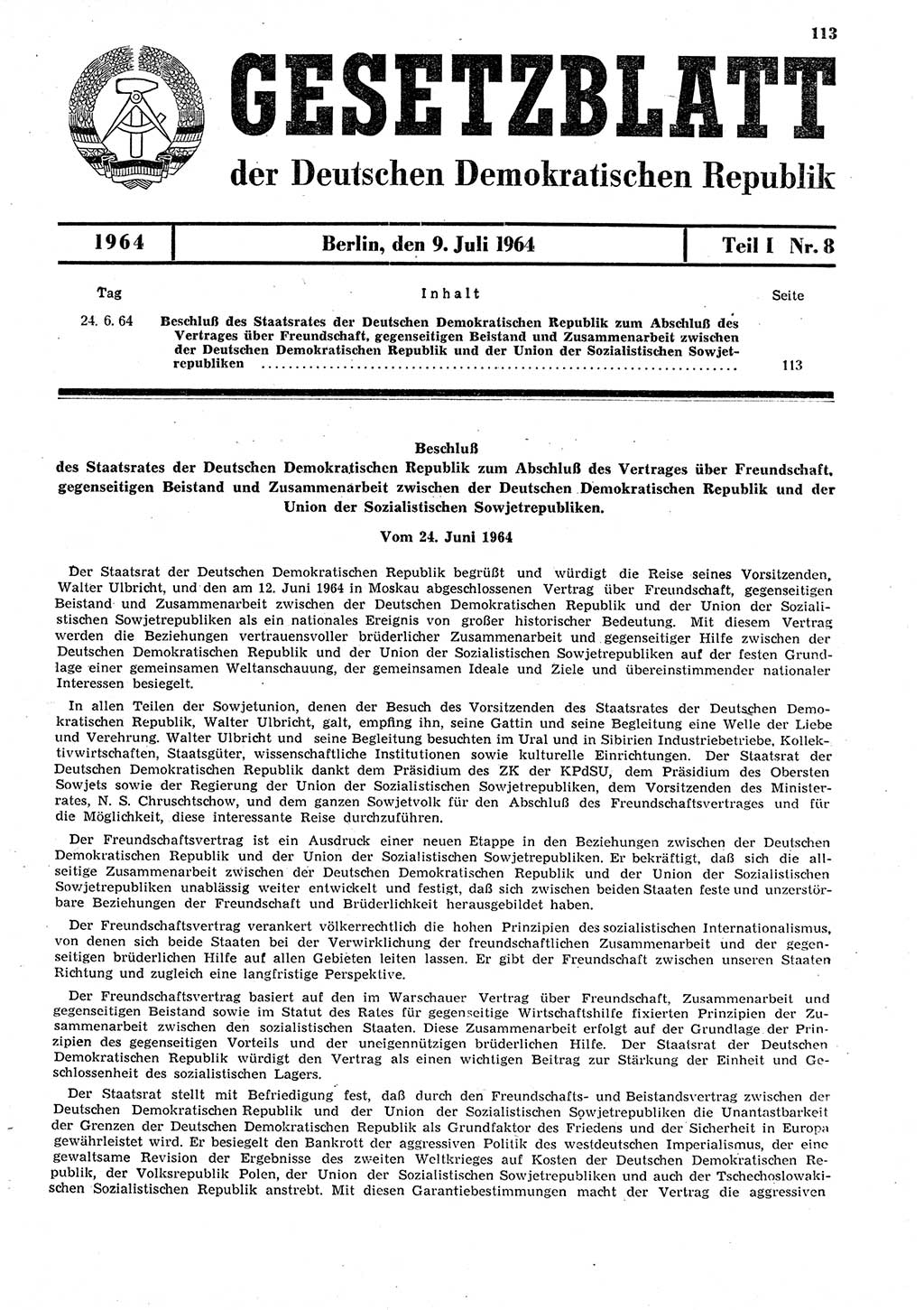 Gesetzblatt (GBl.) der Deutschen Demokratischen Republik (DDR) Teil Ⅰ 1964, Seite 113 (GBl. DDR Ⅰ 1964, S. 113)