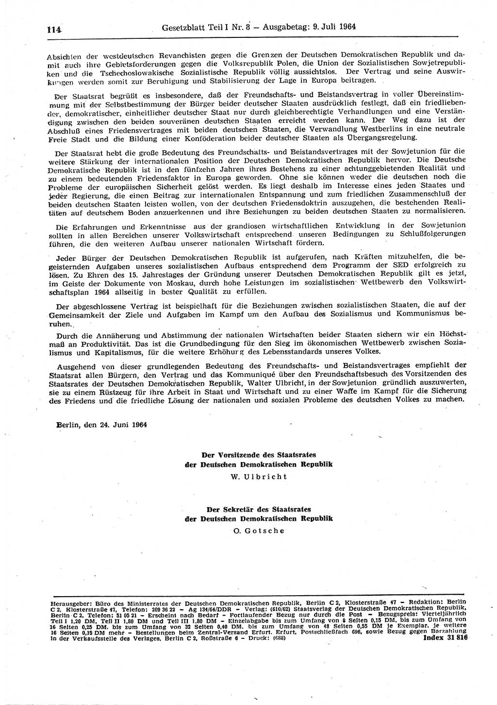 Gesetzblatt (GBl.) der Deutschen Demokratischen Republik (DDR) Teil Ⅰ 1964, Seite 114 (GBl. DDR Ⅰ 1964, S. 114)