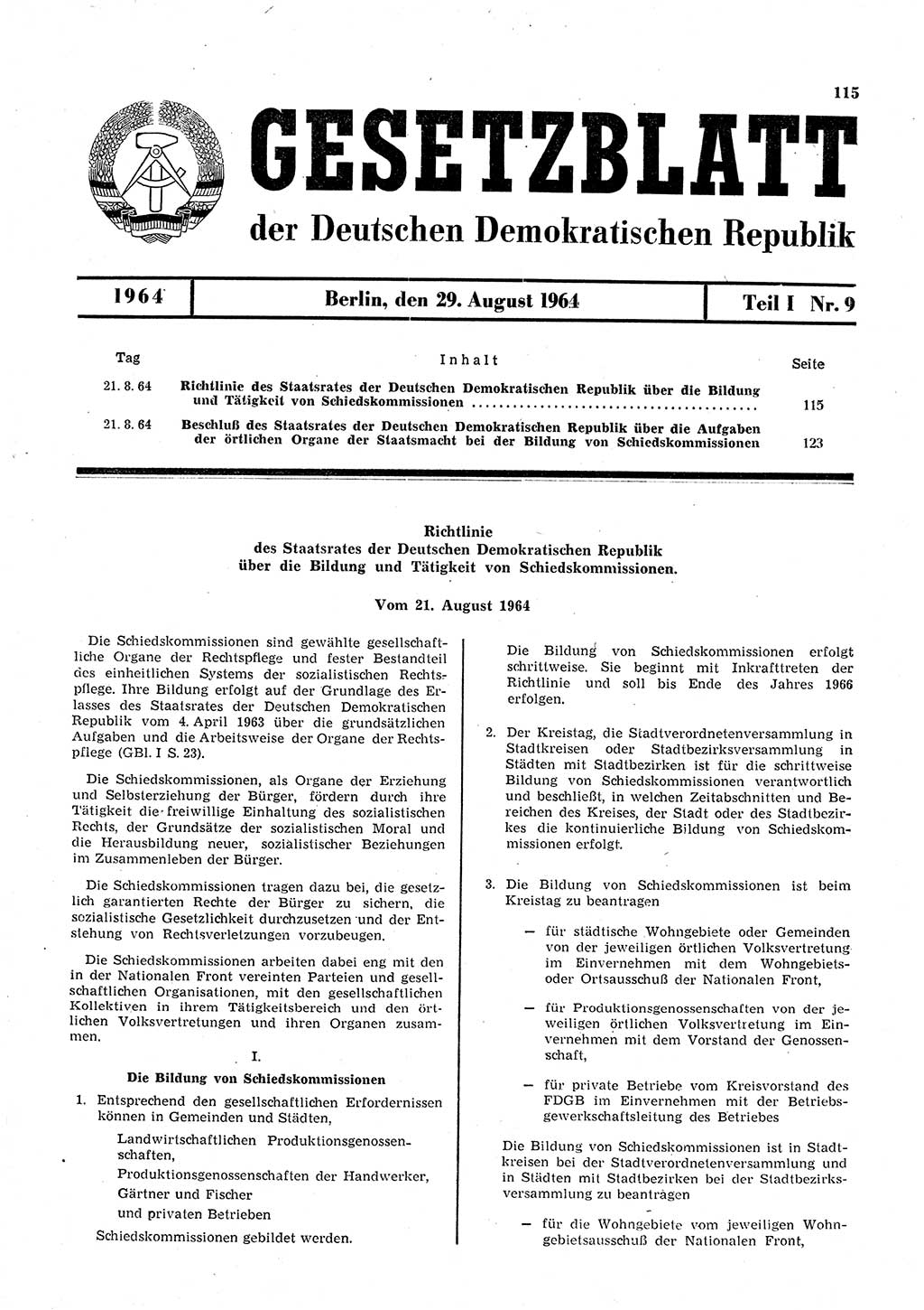Gesetzblatt (GBl.) der Deutschen Demokratischen Republik (DDR) Teil Ⅰ 1964, Seite 115 (GBl. DDR Ⅰ 1964, S. 115)