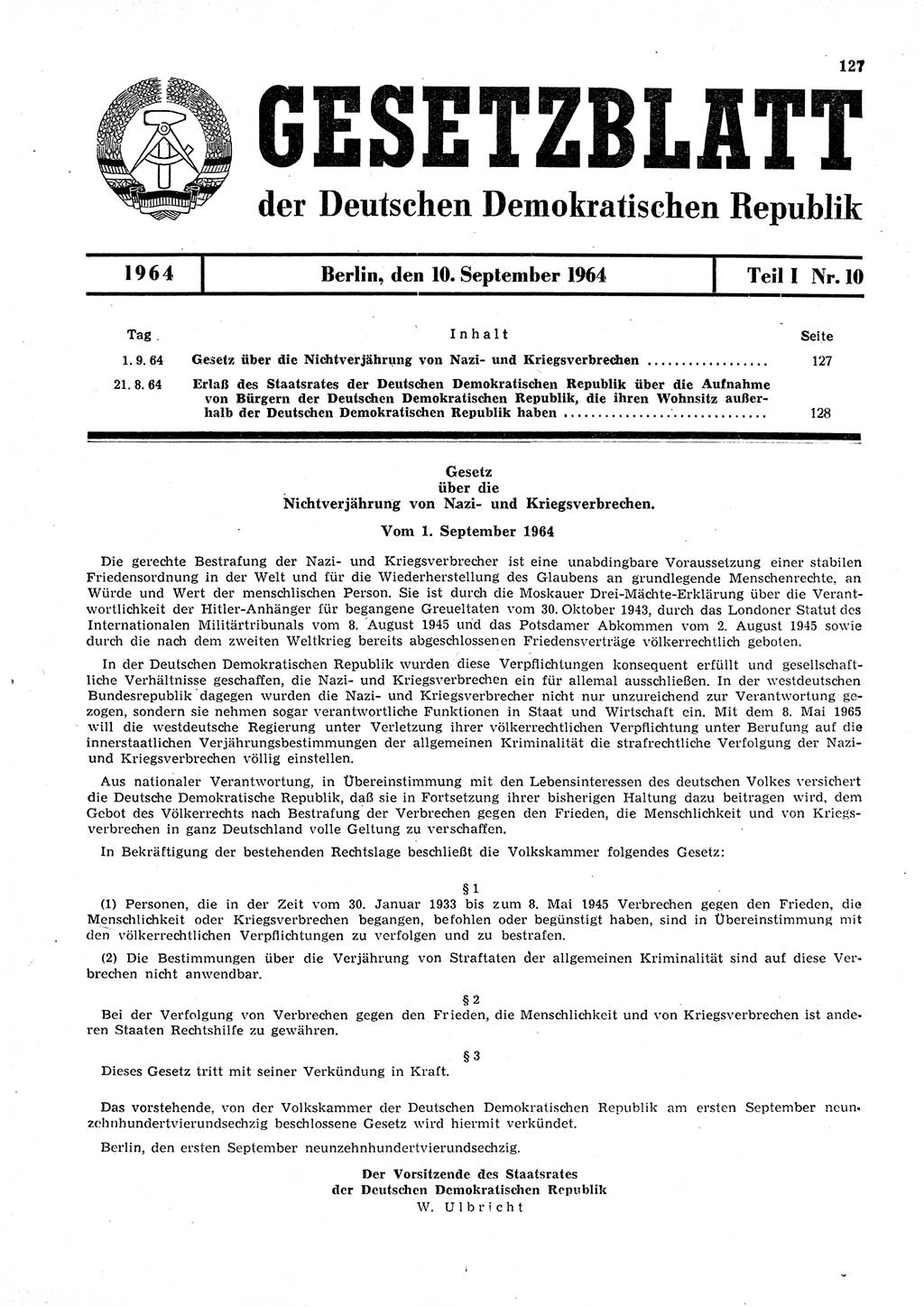 Gesetzblatt (GBl.) der Deutschen Demokratischen Republik (DDR) Teil Ⅰ 1964, Seite 127 (GBl. DDR Ⅰ 1964, S. 127)