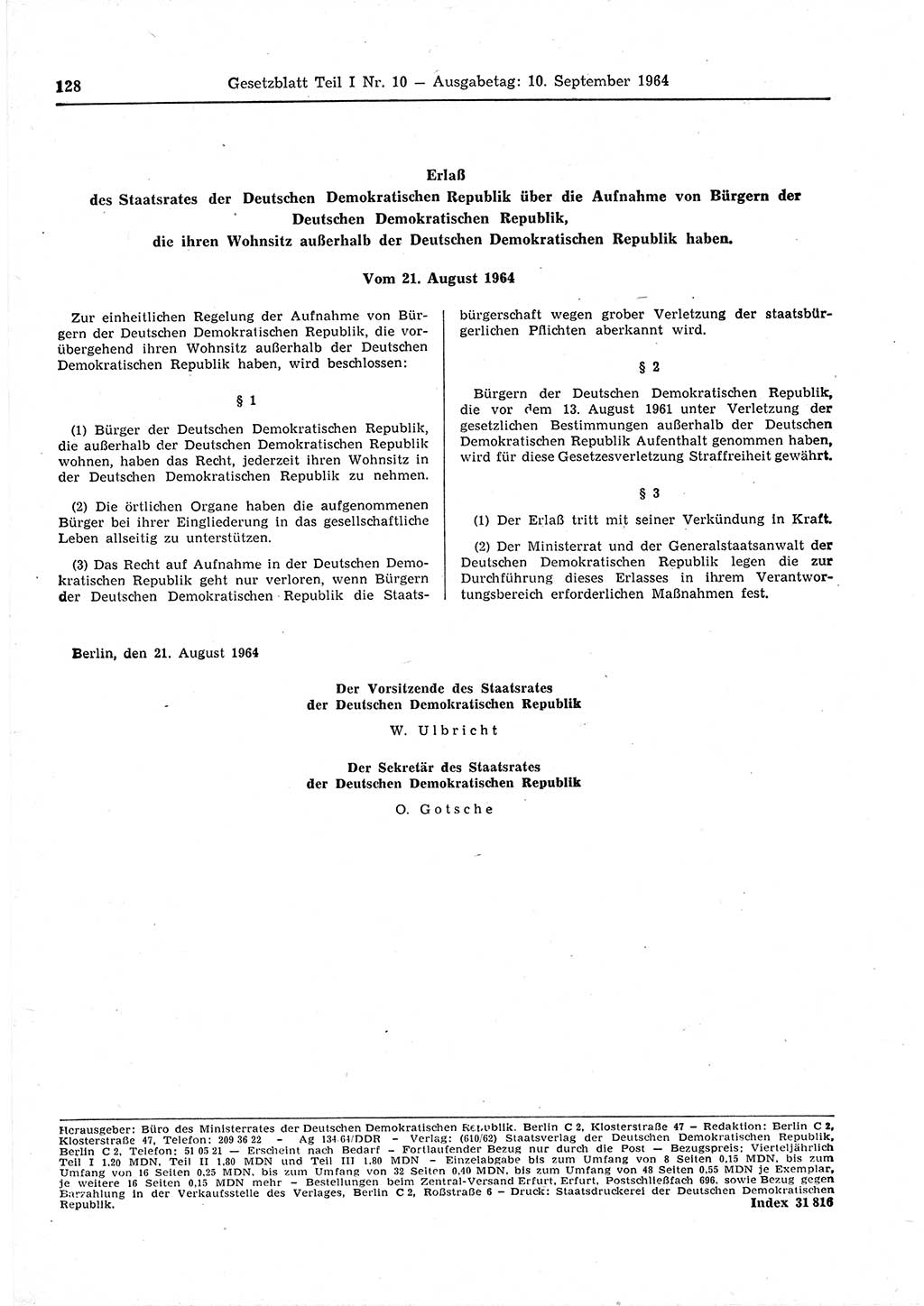Gesetzblatt (GBl.) der Deutschen Demokratischen Republik (DDR) Teil Ⅰ 1964, Seite 128 (GBl. DDR Ⅰ 1964, S. 128)