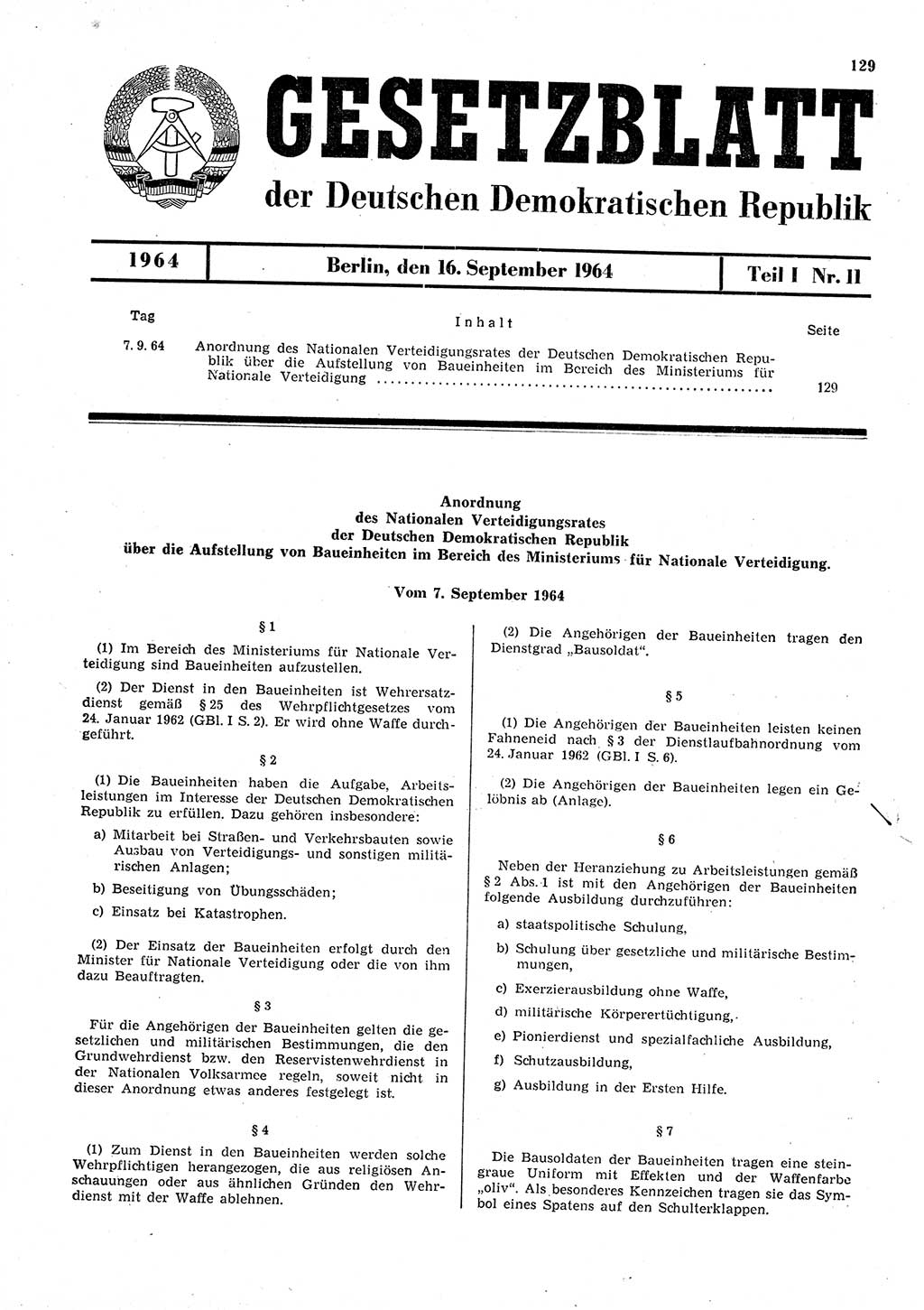 Gesetzblatt (GBl.) der Deutschen Demokratischen Republik (DDR) Teil Ⅰ 1964, Seite 129 (GBl. DDR Ⅰ 1964, S. 129)