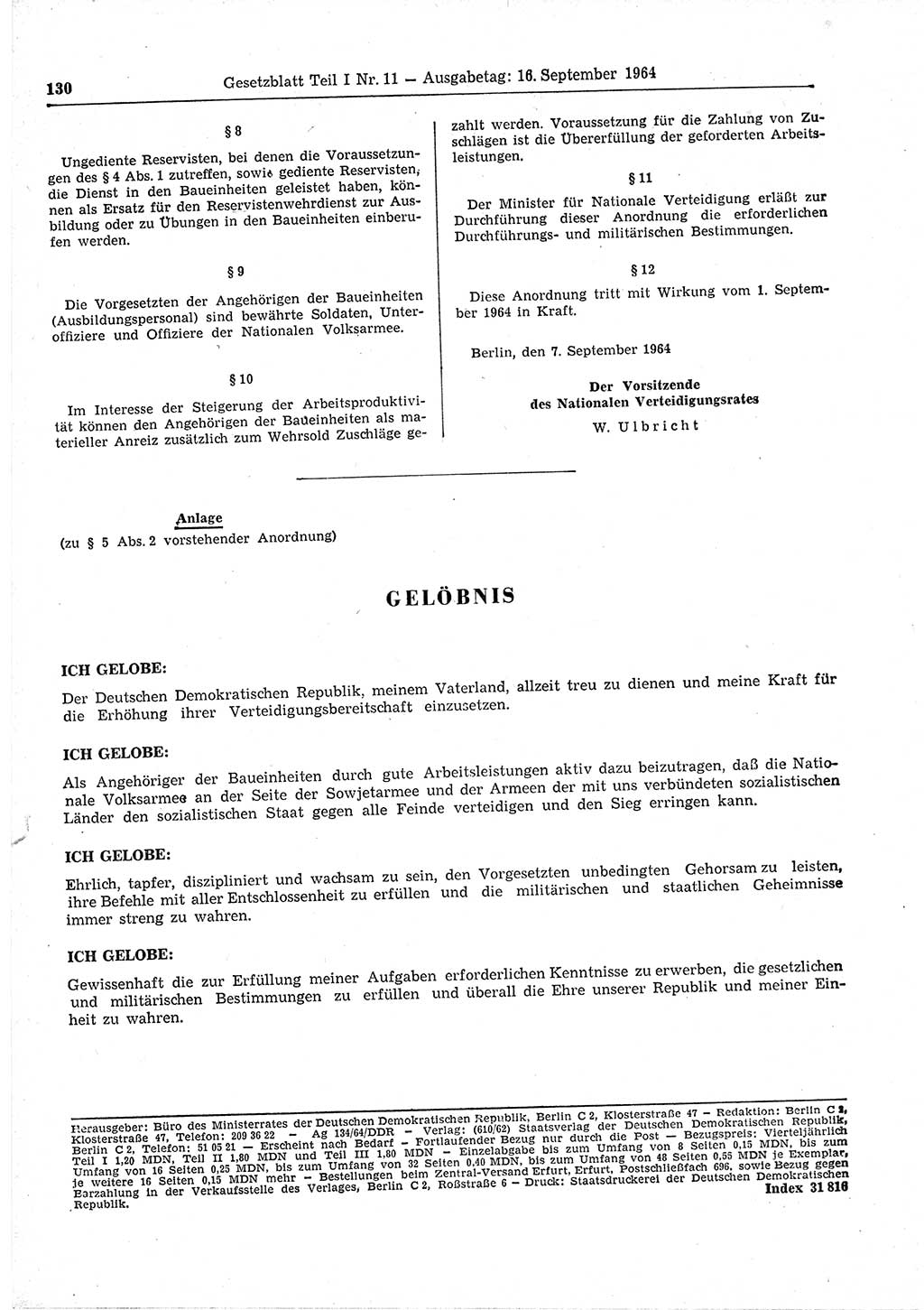 Gesetzblatt (GBl.) der Deutschen Demokratischen Republik (DDR) Teil Ⅰ 1964, Seite 130 (GBl. DDR Ⅰ 1964, S. 130)