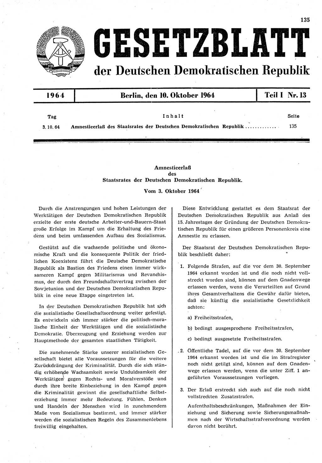 Gesetzblatt (GBl.) der Deutschen Demokratischen Republik (DDR) Teil Ⅰ 1964, Seite 135 (GBl. DDR Ⅰ 1964, S. 135)