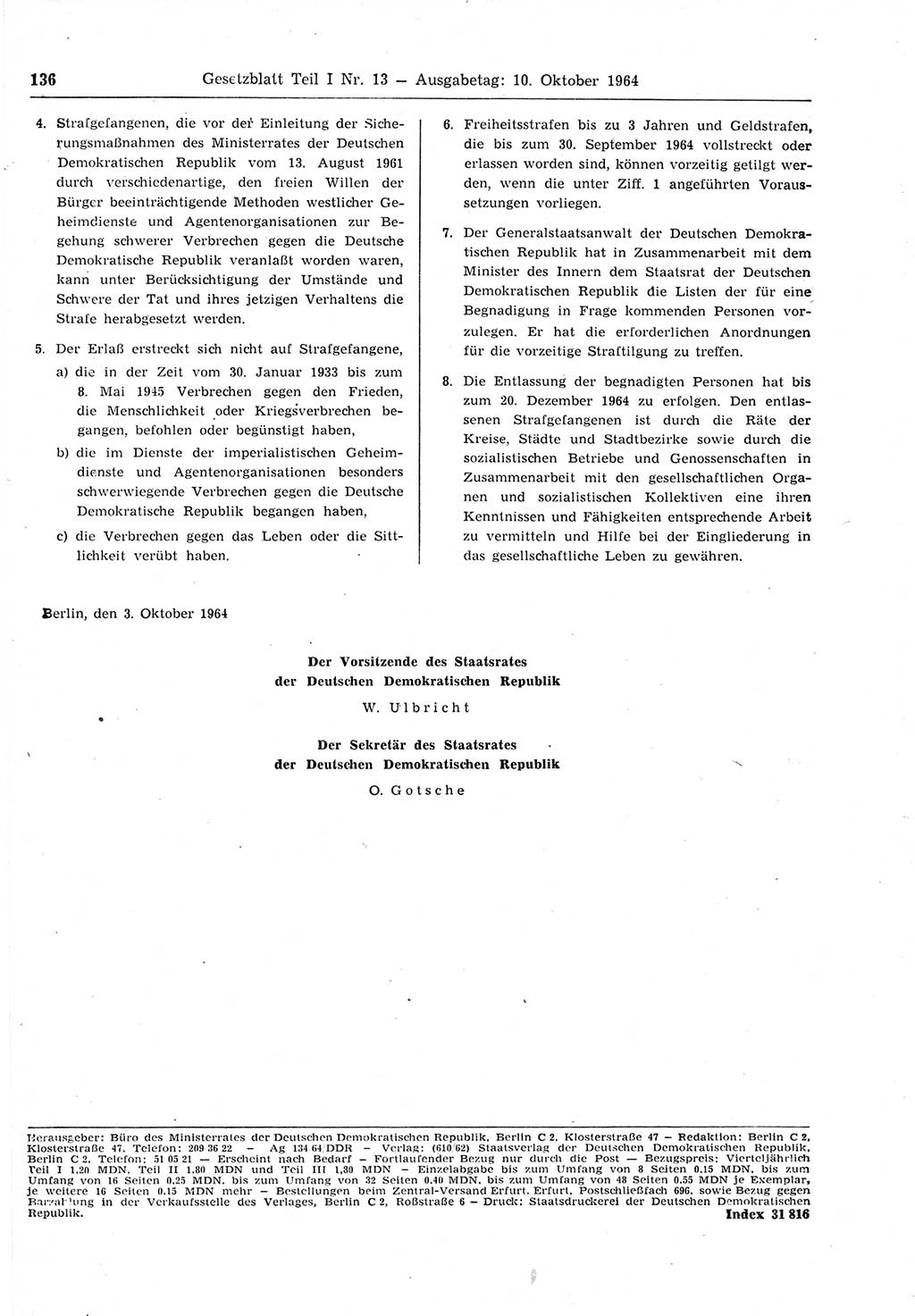 Gesetzblatt (GBl.) der Deutschen Demokratischen Republik (DDR) Teil Ⅰ 1964, Seite 136 (GBl. DDR Ⅰ 1964, S. 136)