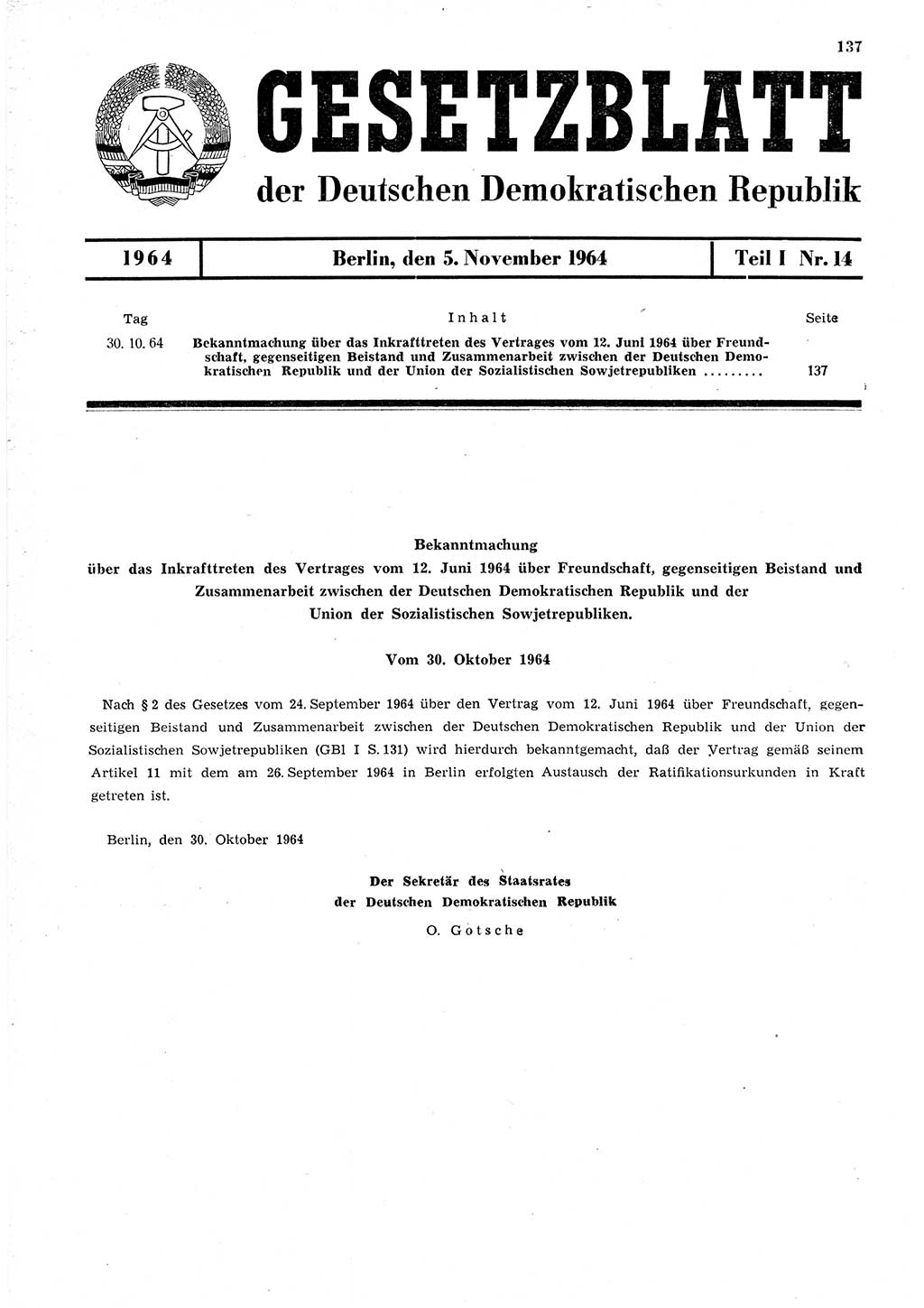 Gesetzblatt (GBl.) der Deutschen Demokratischen Republik (DDR) Teil Ⅰ 1964, Seite 137 (GBl. DDR Ⅰ 1964, S. 137)