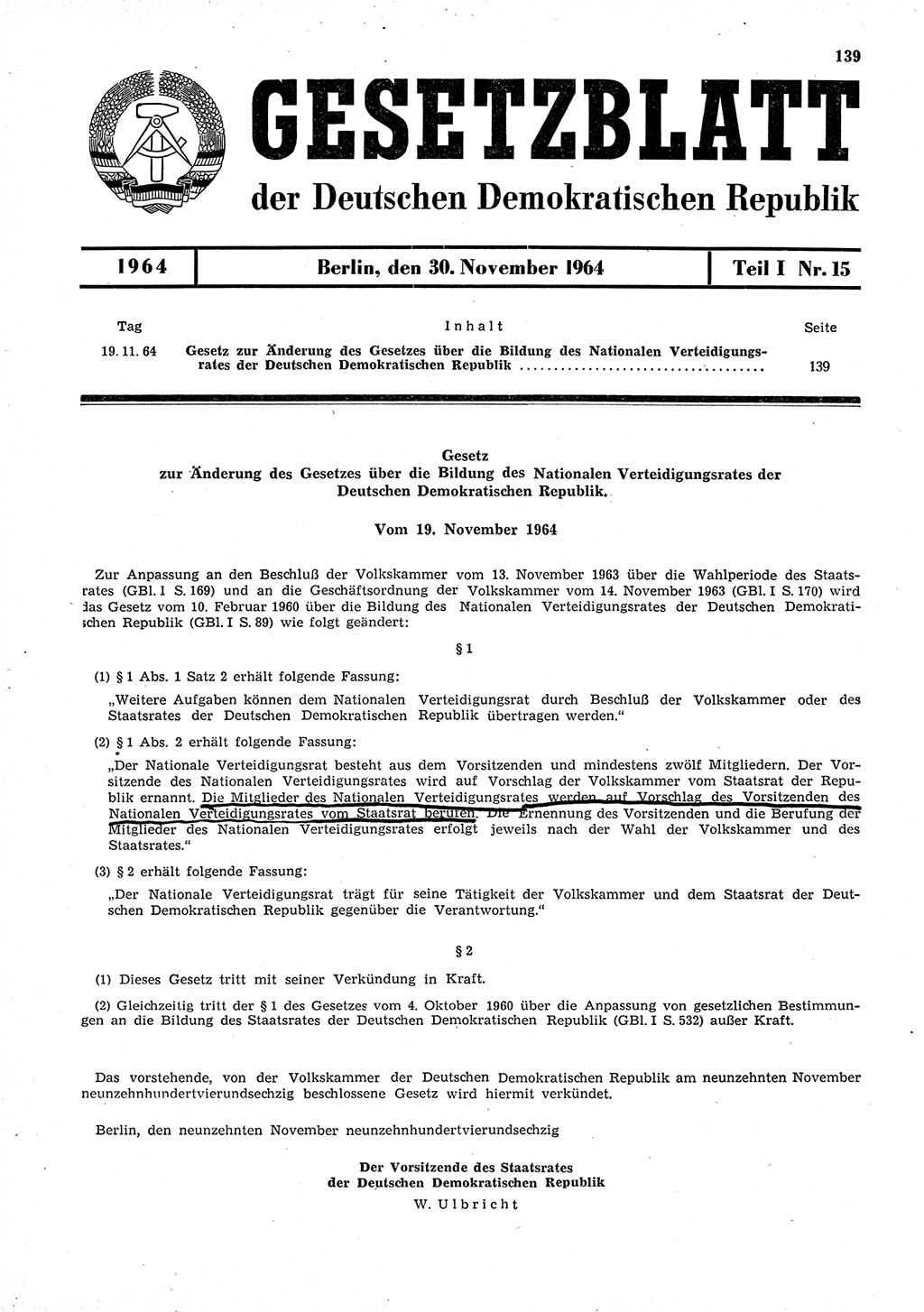 Gesetzblatt (GBl.) der Deutschen Demokratischen Republik (DDR) Teil Ⅰ 1964, Seite 139 (GBl. DDR Ⅰ 1964, S. 139)