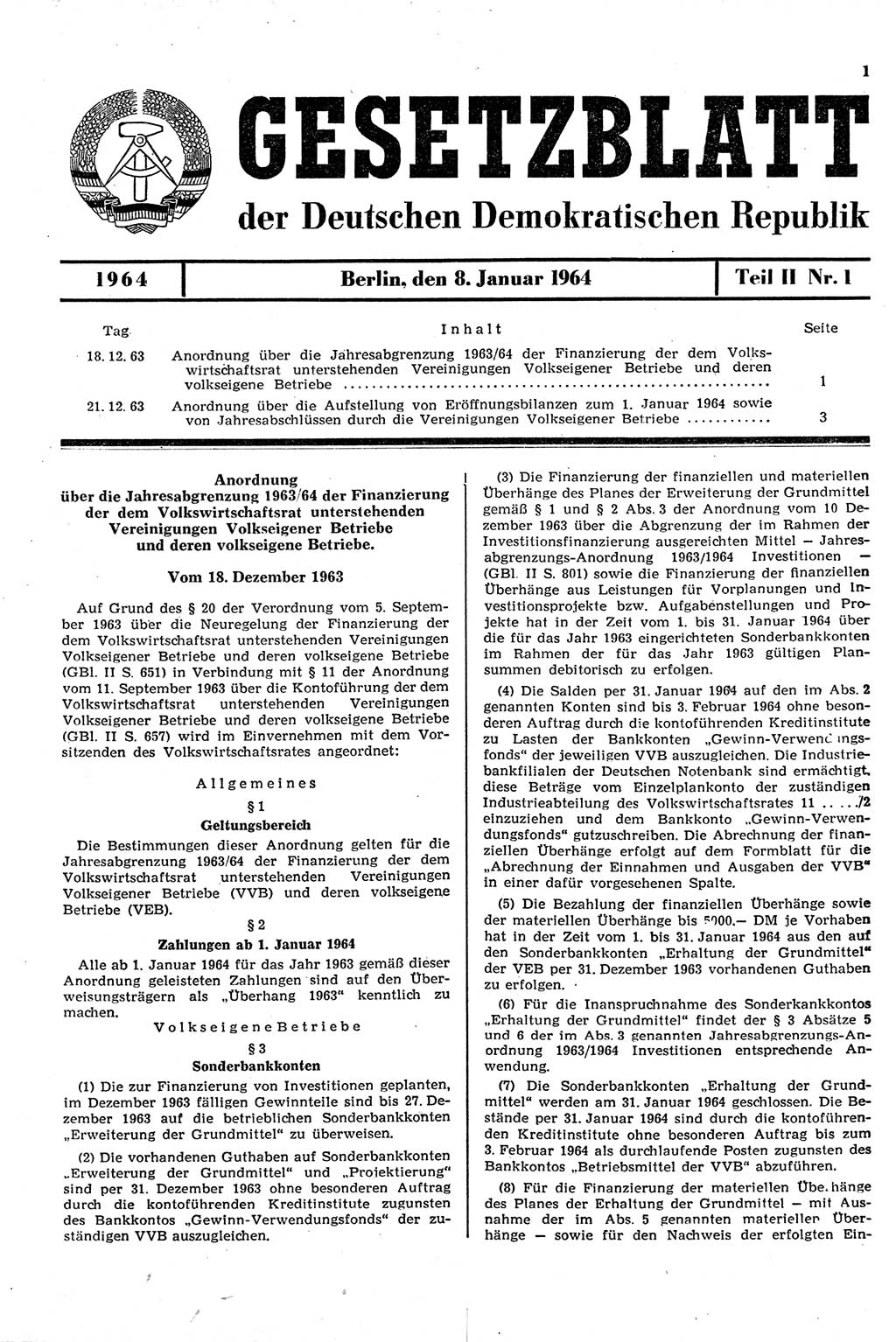 Gesetzblatt (GBl.) der Deutschen Demokratischen Republik (DDR) Teil ⅠⅠ 1964, Seite 1 (GBl. DDR ⅠⅠ 1964, S. 1)