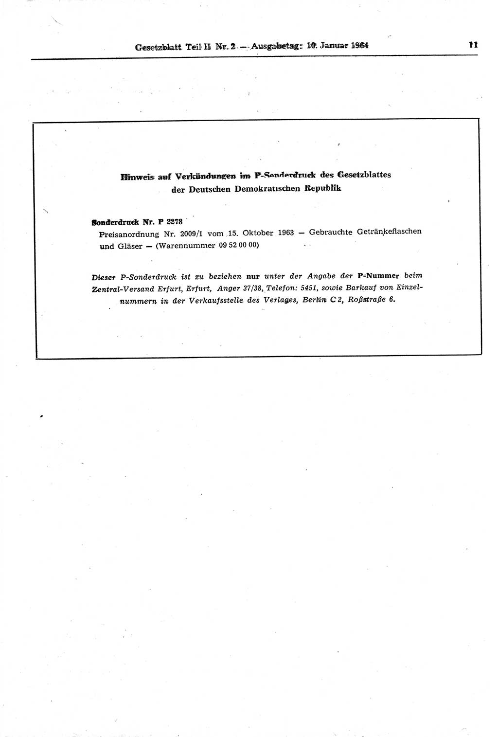 Gesetzblatt (GBl.) der Deutschen Demokratischen Republik (DDR) Teil ⅠⅠ 1964, Seite 11 (GBl. DDR ⅠⅠ 1964, S. 11)