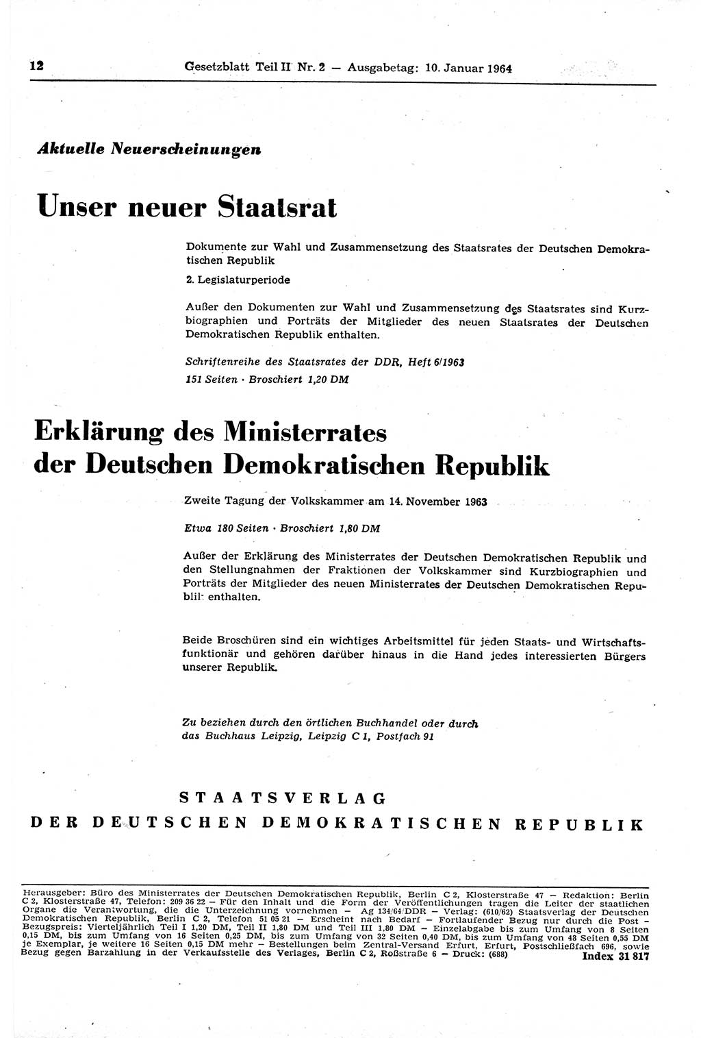 Gesetzblatt (GBl.) der Deutschen Demokratischen Republik (DDR) Teil ⅠⅠ 1964, Seite 12 (GBl. DDR ⅠⅠ 1964, S. 12)