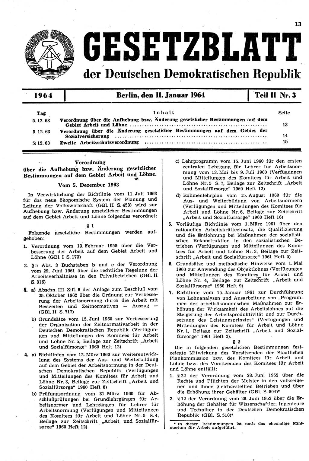 Gesetzblatt (GBl.) der Deutschen Demokratischen Republik (DDR) Teil ⅠⅠ 1964, Seite 13 (GBl. DDR ⅠⅠ 1964, S. 13)