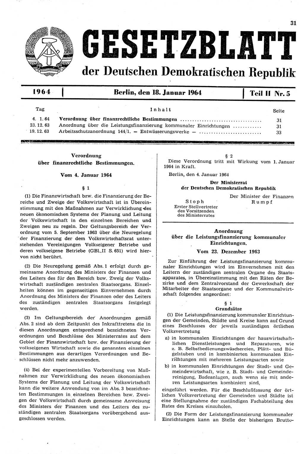 Gesetzblatt (GBl.) der Deutschen Demokratischen Republik (DDR) Teil ⅠⅠ 1964, Seite 31 (GBl. DDR ⅠⅠ 1964, S. 31)