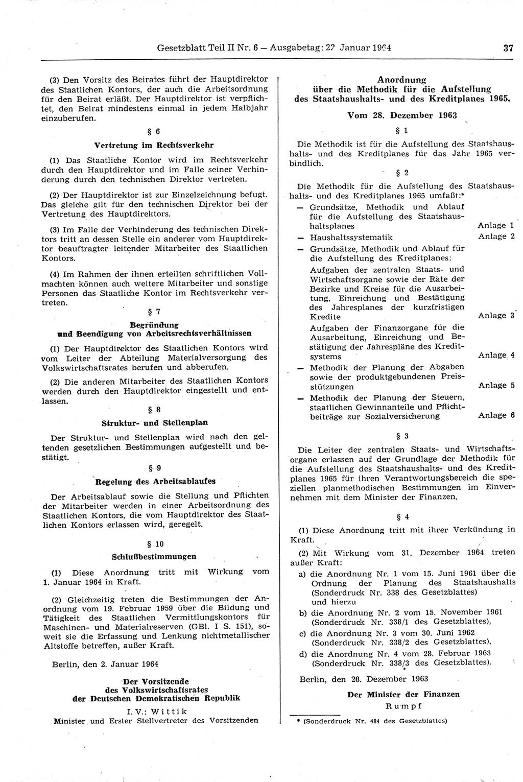 Gesetzblatt (GBl.) der Deutschen Demokratischen Republik (DDR) Teil ⅠⅠ 1964, Seite 37 (GBl. DDR ⅠⅠ 1964, S. 37)