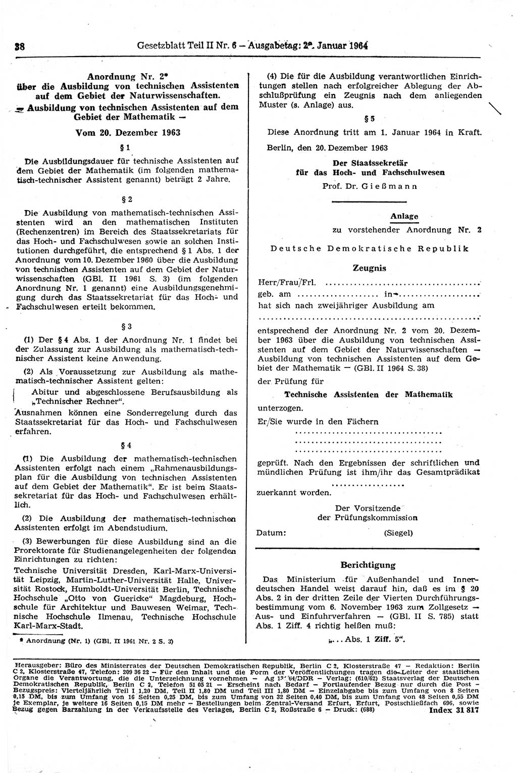 Gesetzblatt (GBl.) der Deutschen Demokratischen Republik (DDR) Teil ⅠⅠ 1964, Seite 38 (GBl. DDR ⅠⅠ 1964, S. 38)
