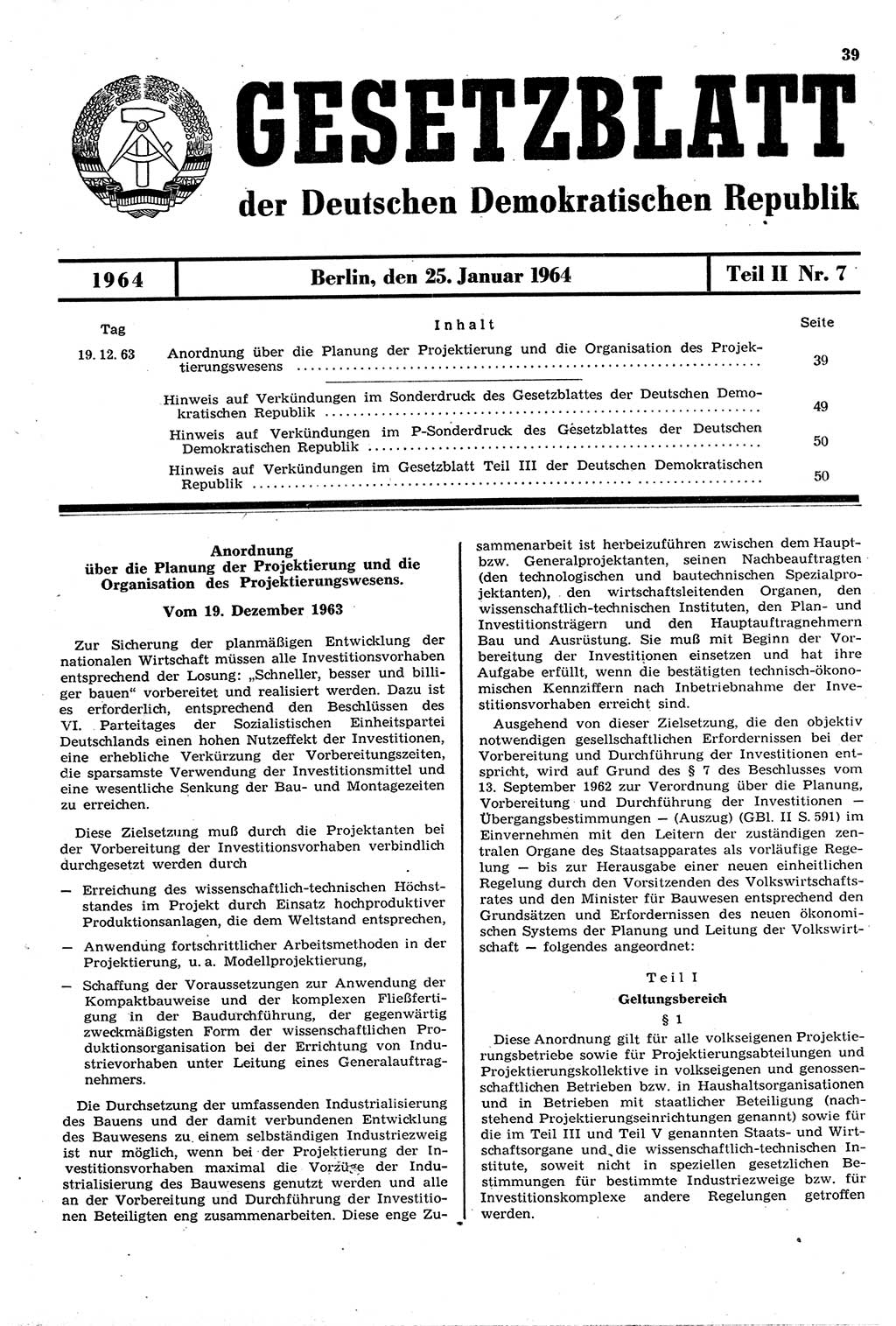 Gesetzblatt (GBl.) der Deutschen Demokratischen Republik (DDR) Teil ⅠⅠ 1964, Seite 39 (GBl. DDR ⅠⅠ 1964, S. 39)