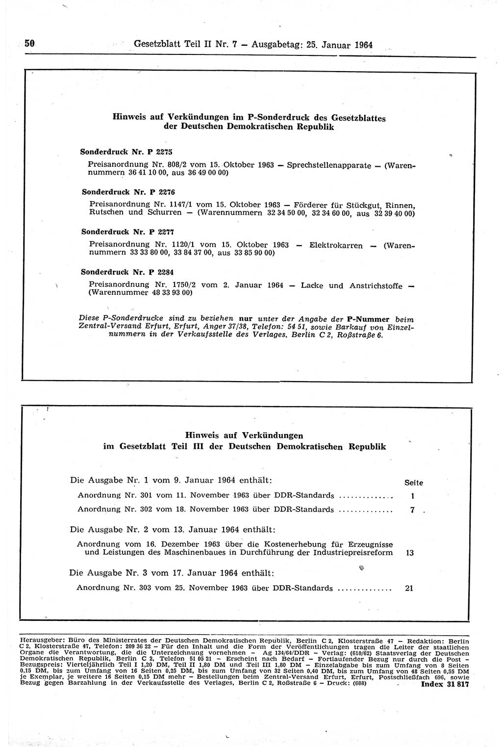 Gesetzblatt (GBl.) der Deutschen Demokratischen Republik (DDR) Teil ⅠⅠ 1964, Seite 50 (GBl. DDR ⅠⅠ 1964, S. 50)