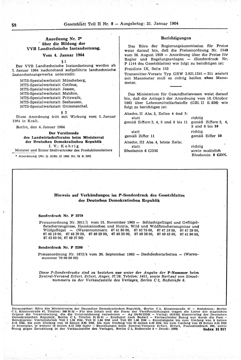 Gesetzblatt (GBl.) der Deutschen Demokratischen Republik (DDR) Teil ⅠⅠ 1964, Seite 58 (GBl. DDR ⅠⅠ 1964, S. 58)