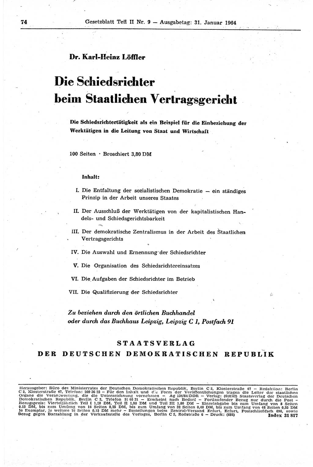 Gesetzblatt (GBl.) der Deutschen Demokratischen Republik (DDR) Teil ⅠⅠ 1964, Seite 74 (GBl. DDR ⅠⅠ 1964, S. 74)