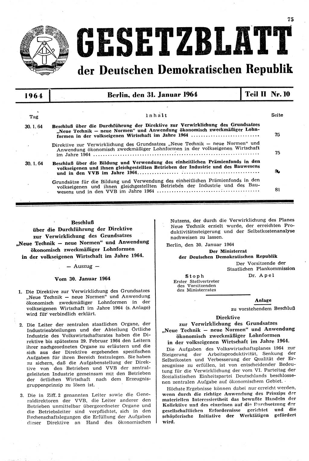 Gesetzblatt (GBl.) der Deutschen Demokratischen Republik (DDR) Teil ⅠⅠ 1964, Seite 75 (GBl. DDR ⅠⅠ 1964, S. 75)