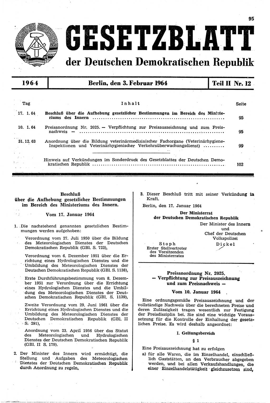 Gesetzblatt (GBl.) der Deutschen Demokratischen Republik (DDR) Teil ⅠⅠ 1964, Seite 95 (GBl. DDR ⅠⅠ 1964, S. 95)