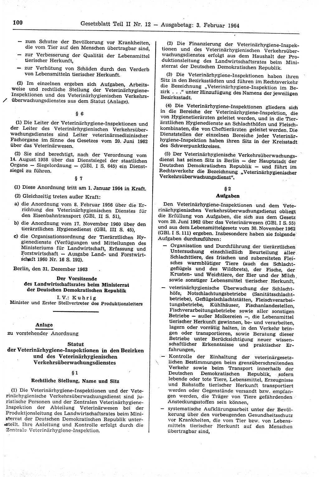 Gesetzblatt (GBl.) der Deutschen Demokratischen Republik (DDR) Teil ⅠⅠ 1964, Seite 100 (GBl. DDR ⅠⅠ 1964, S. 100)